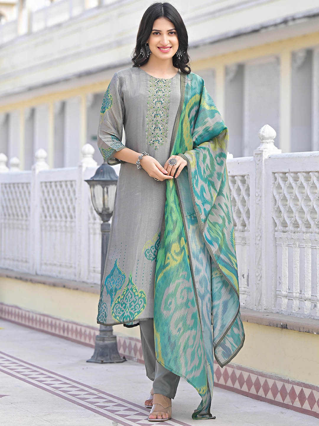 

Anouk Grey Ethnic Motifs Printed Embroidered Round Neck Kurta With Trousers & Dupatta