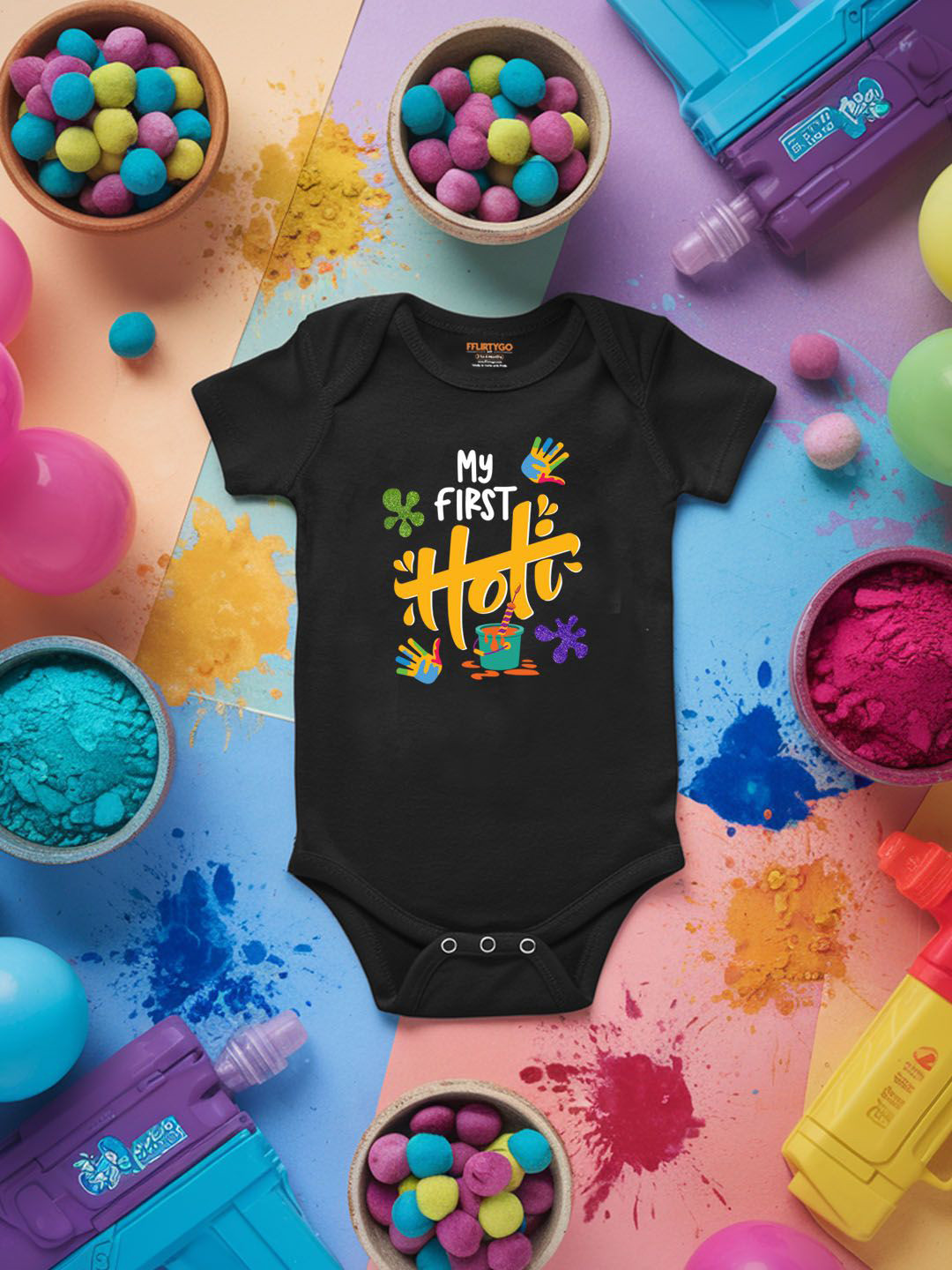 

FFLIRTYGO Infants Holi Printed Cotton Bodysuit, Black