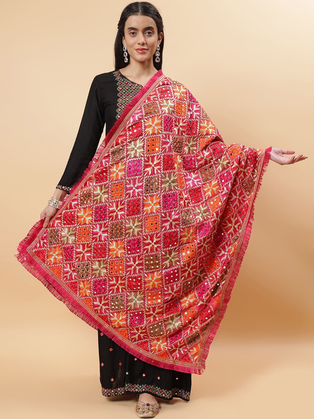 

Moda Chales Phulkari Embroidered Dupatta With Mirror Work, Magenta