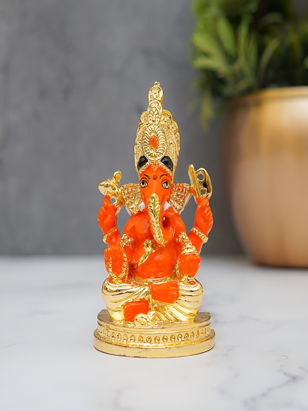 

Craftlayout Gold-Toned And Orange Lord Ganesha Religious Idol Resin Showpiece