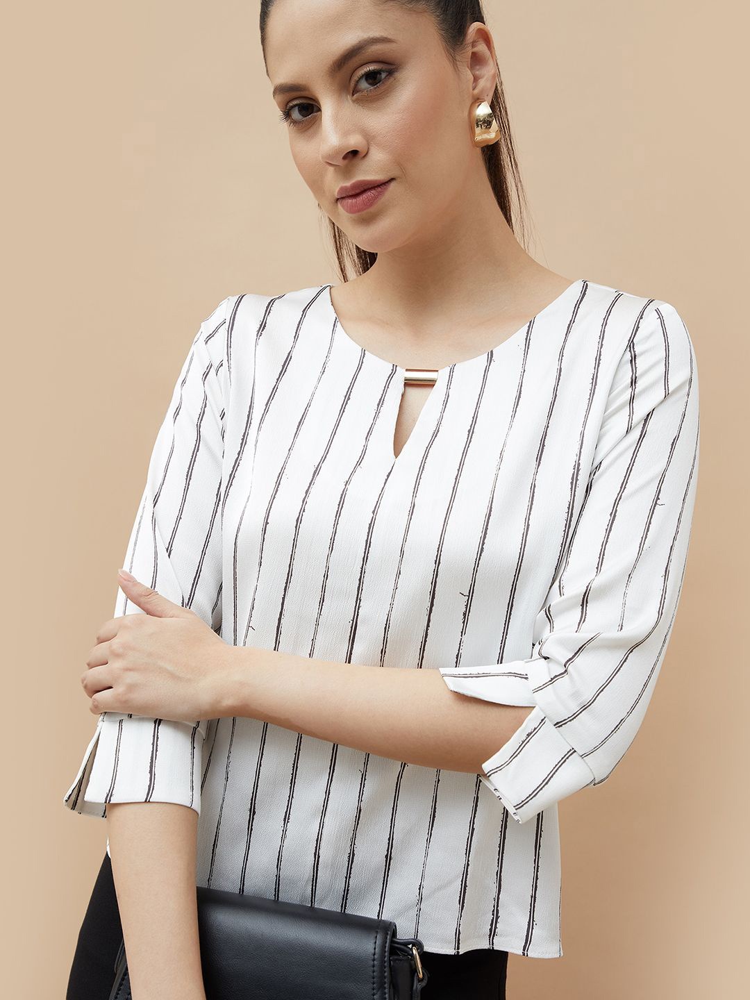 

CODE by Lifestyle Women Striped Keyhole Neck Print Top, White