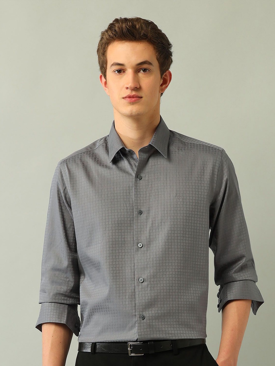 

Arrow New York Men Slim Fit Spread Collar Geometric Printed Cotton Formal Shirt, Grey