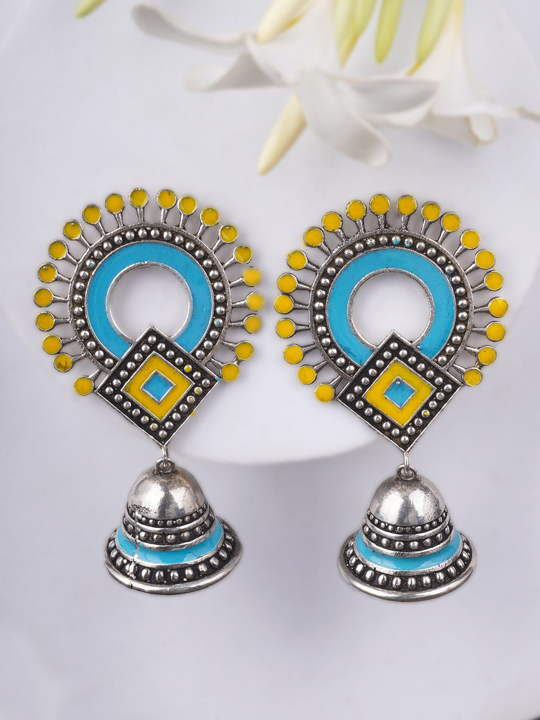

Sangria Yellow Silver-Plated Artificial Stones Studded Oxidised Drop Earrings