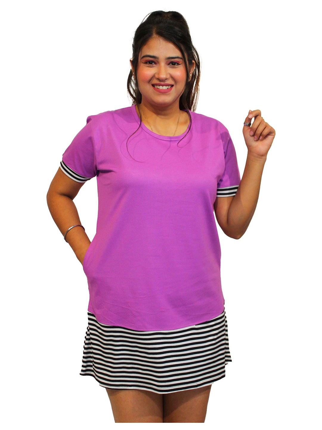 

PINK SHELL Women Striped Round Neck Cotton T-shirt, Lavender