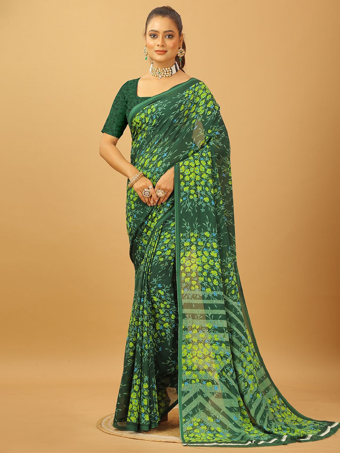 

NIRMAL CREATION Floral Printed Pure Georgette Saree, Green