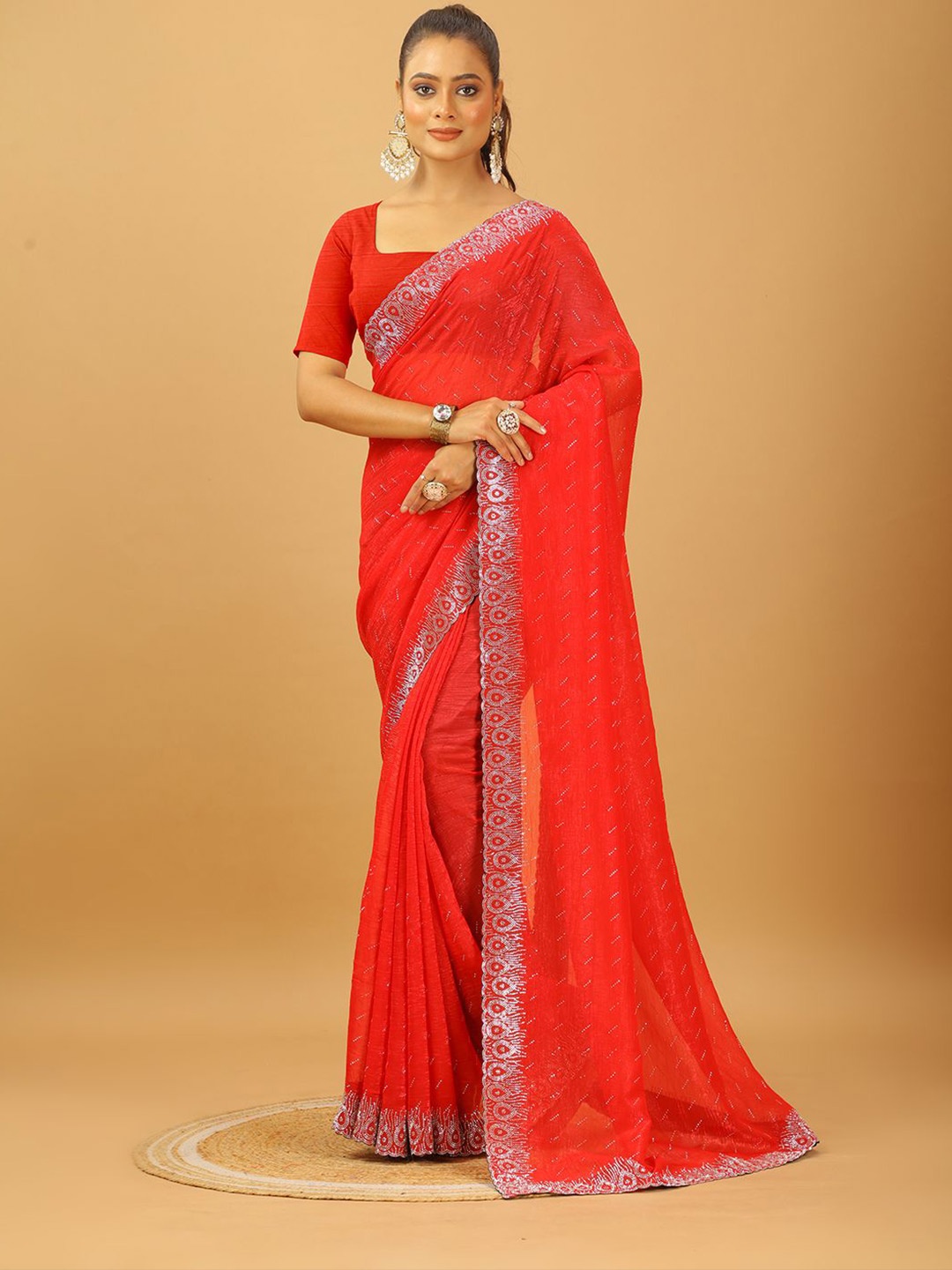 

A.V.M. SILK MILLS Floral Embroidered Pure Georgette Saree, Rose