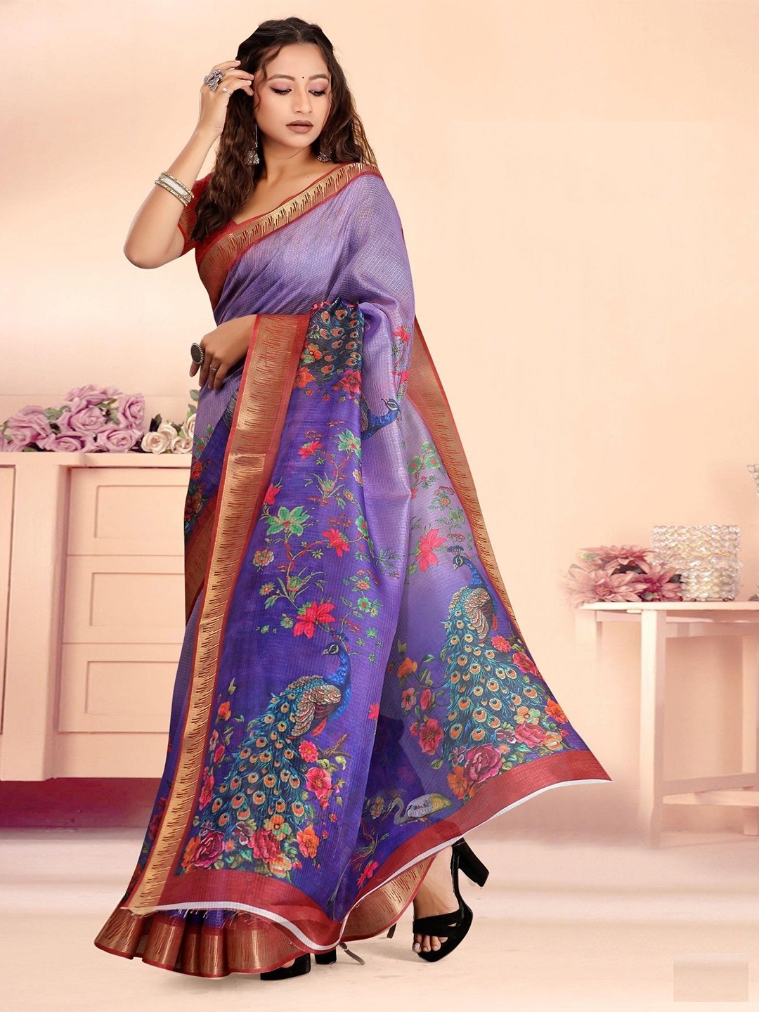 

Jaanvi Peacock Printed Zari Saree With Blouse Piece, Purple