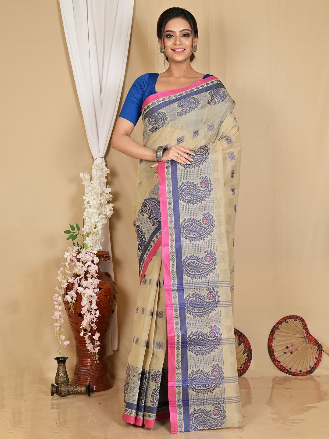 

DipDiya Aloka Woven Design Pure Cotton Taant Saree, Beige
