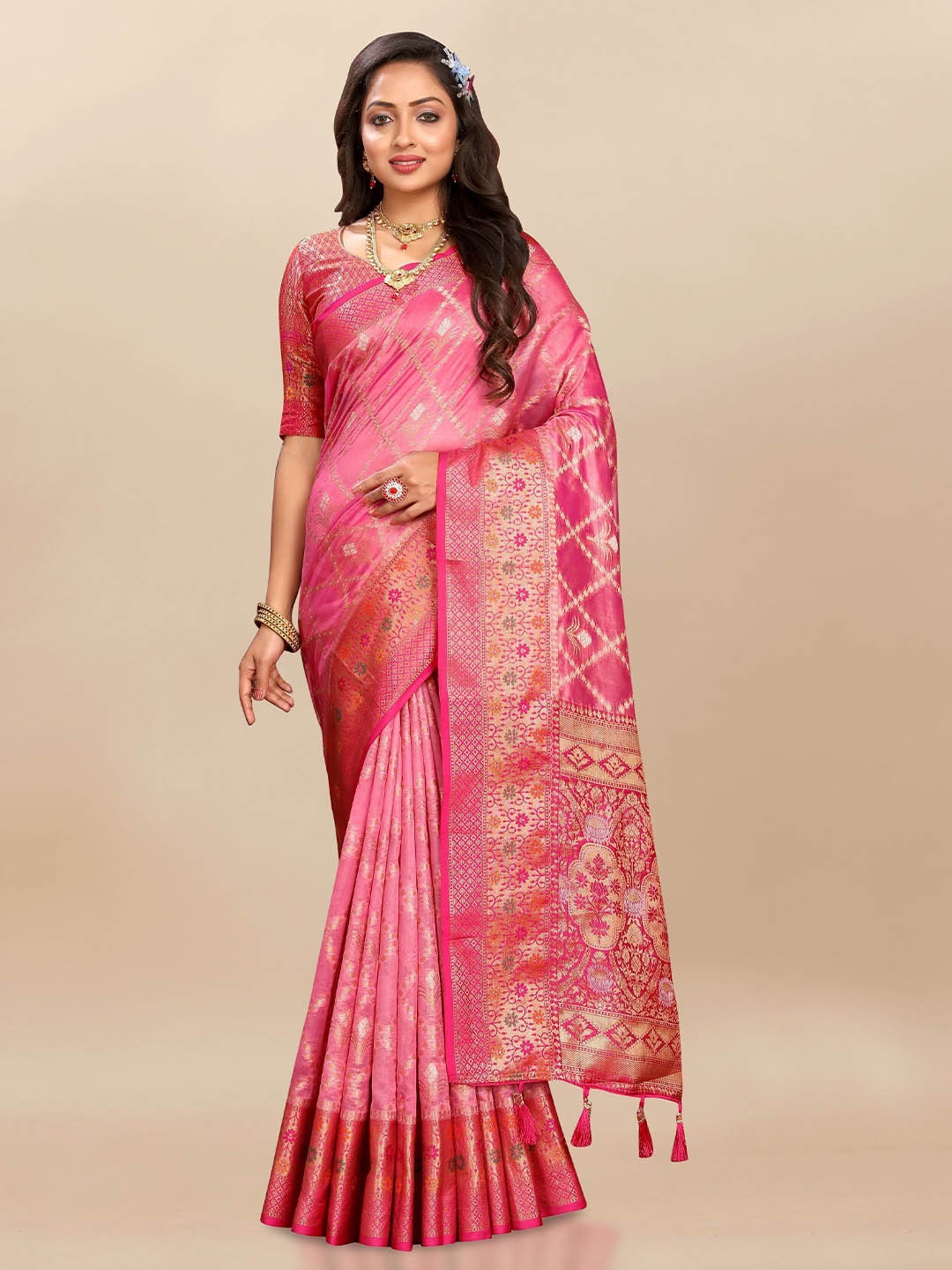 

bansari textiles Woven Design Zari Banarasi Saree, Pink