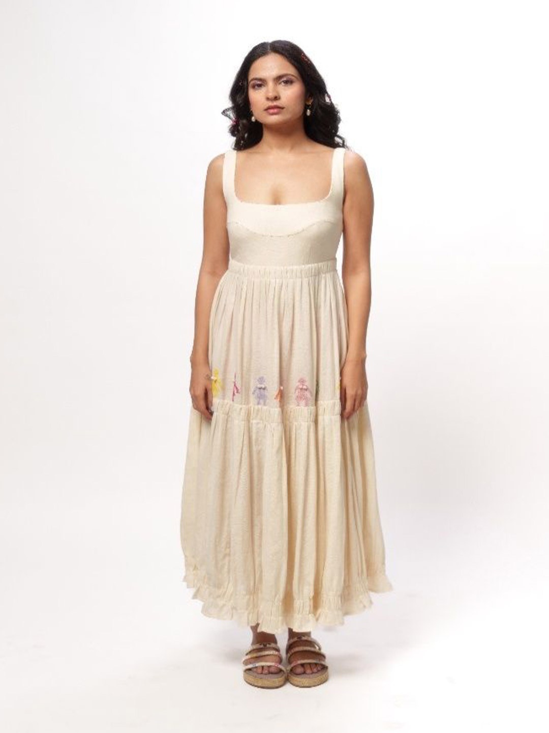 

LABEL SUGAR Women Square Neck Embroidered Cotton Fit & Flare Midi Dress, Off white