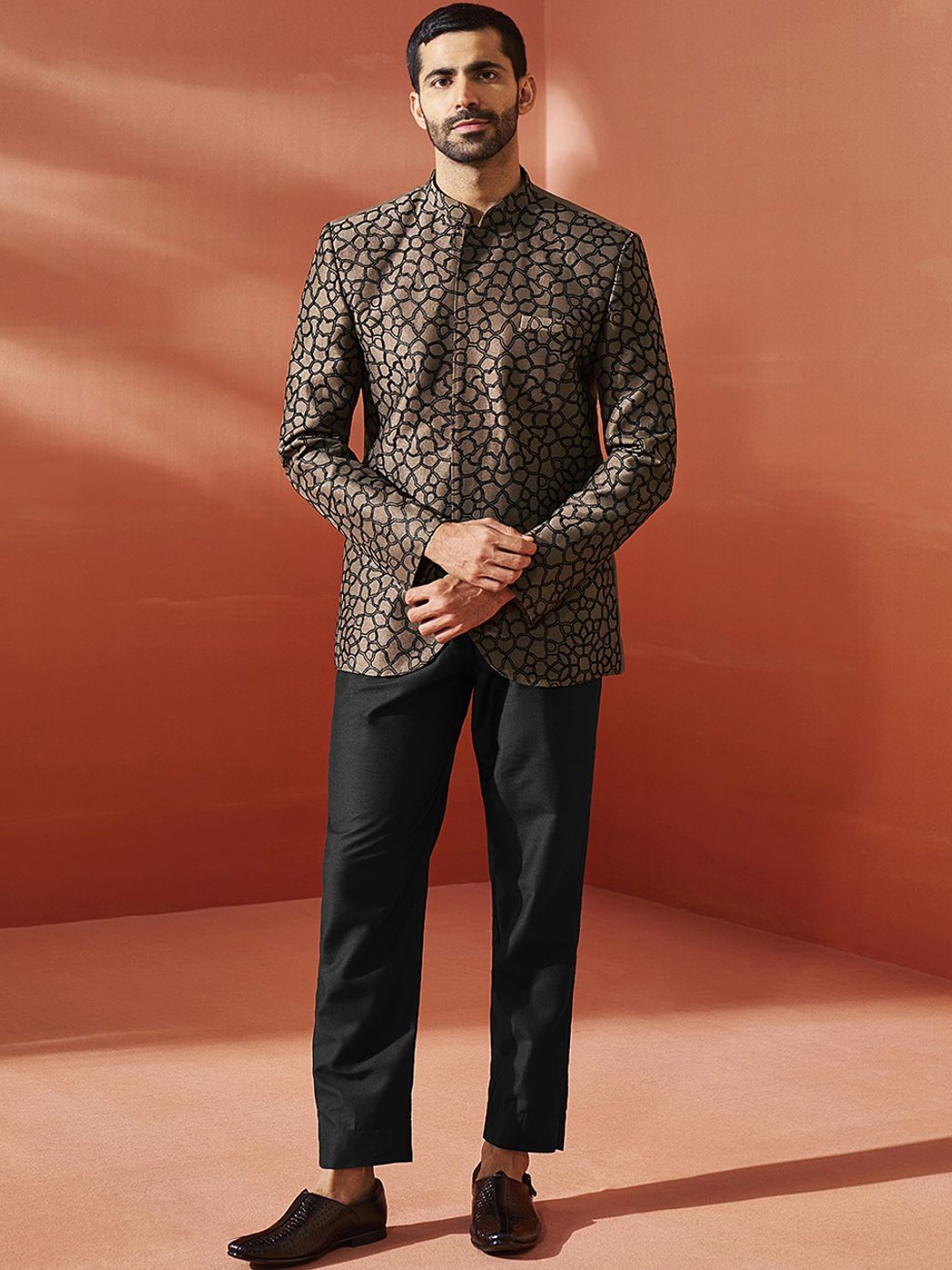 

Vastramay Men Embroidered Slim-Fit Two Piece Suits, Coffee brown