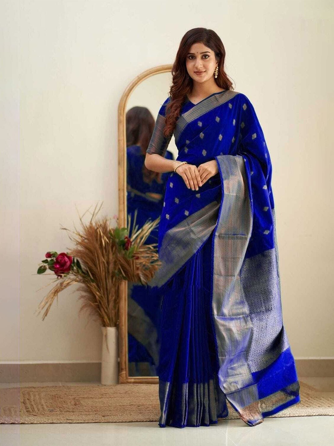 

bansari textiles Woven Design Zari Pure Cotton Banarasi Saree, Blue