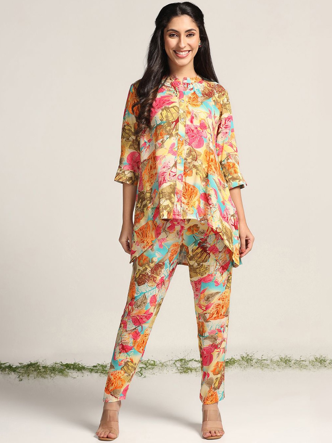 

Moda Rapido Floral Printed Mandarin Collar Shirt With Trouser, Yellow
