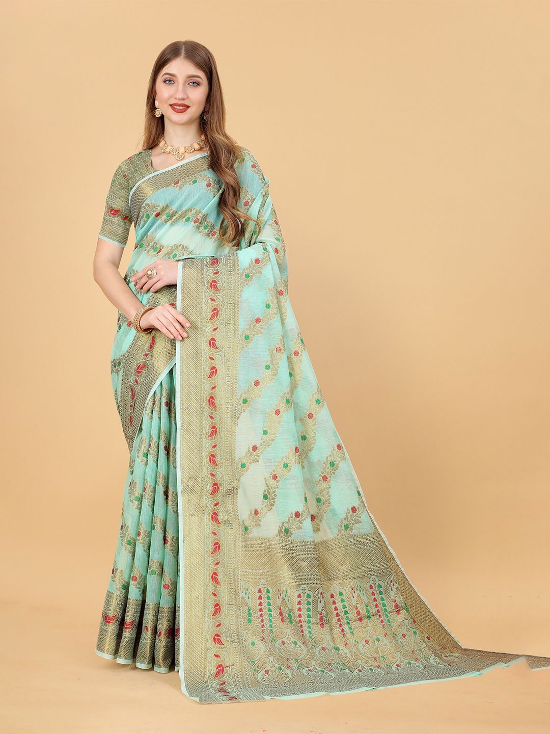 

bansari textiles Ethnic Motifs Woven Design Zari Banarasi Saree, Blue