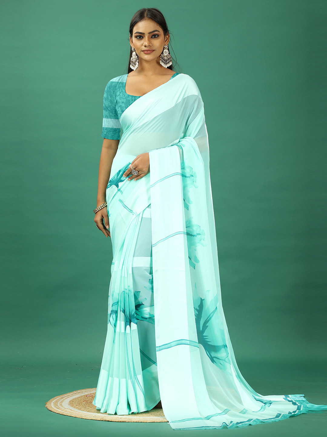 

NIRMAL CREATION Floral Printed Satin Saree, Turquoise blue