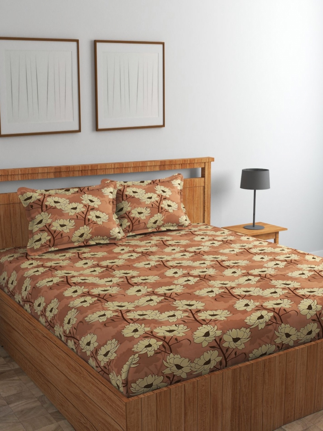 

Jizzby Brown Floral Printed 240 TC Cotton Queen Bedsheet Set 2.28 m x 2.54 m