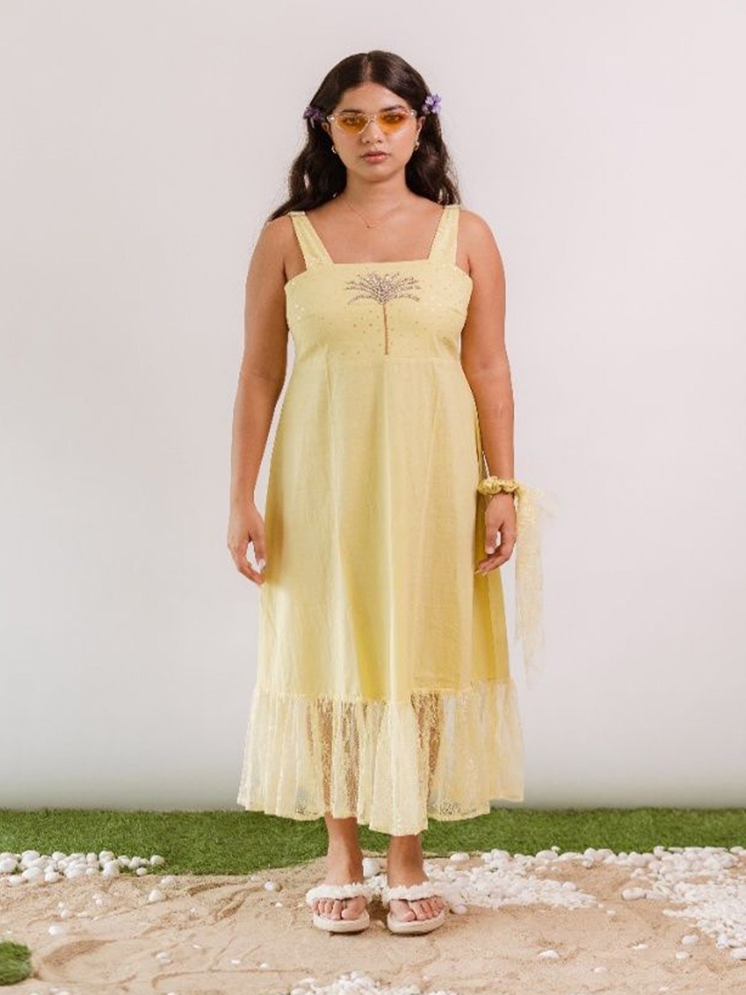 

LABEL SUGAR Women Embroidered Organic Cotton Fit & Flare Maxi Dress, Yellow