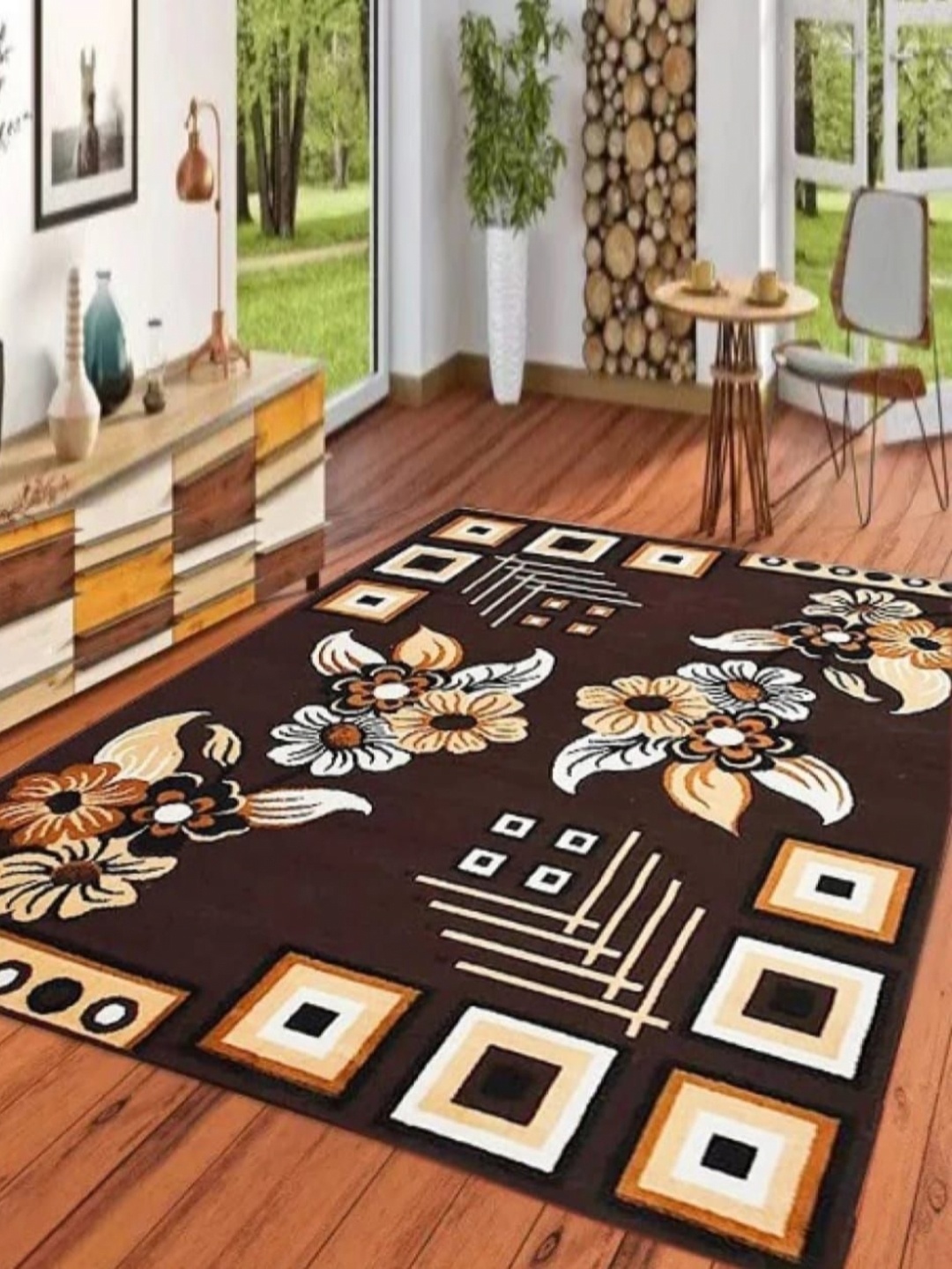 

Samjeeda Handloom carpets Brown & White Floral Printed Anti-Skid Carpet