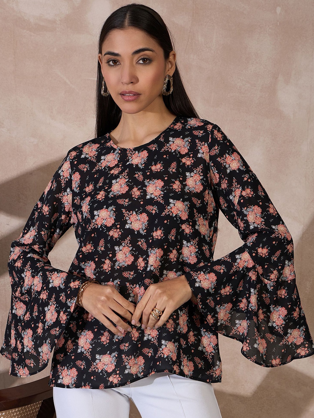 

all about you Floral Print Bell Sleeve Top, Black