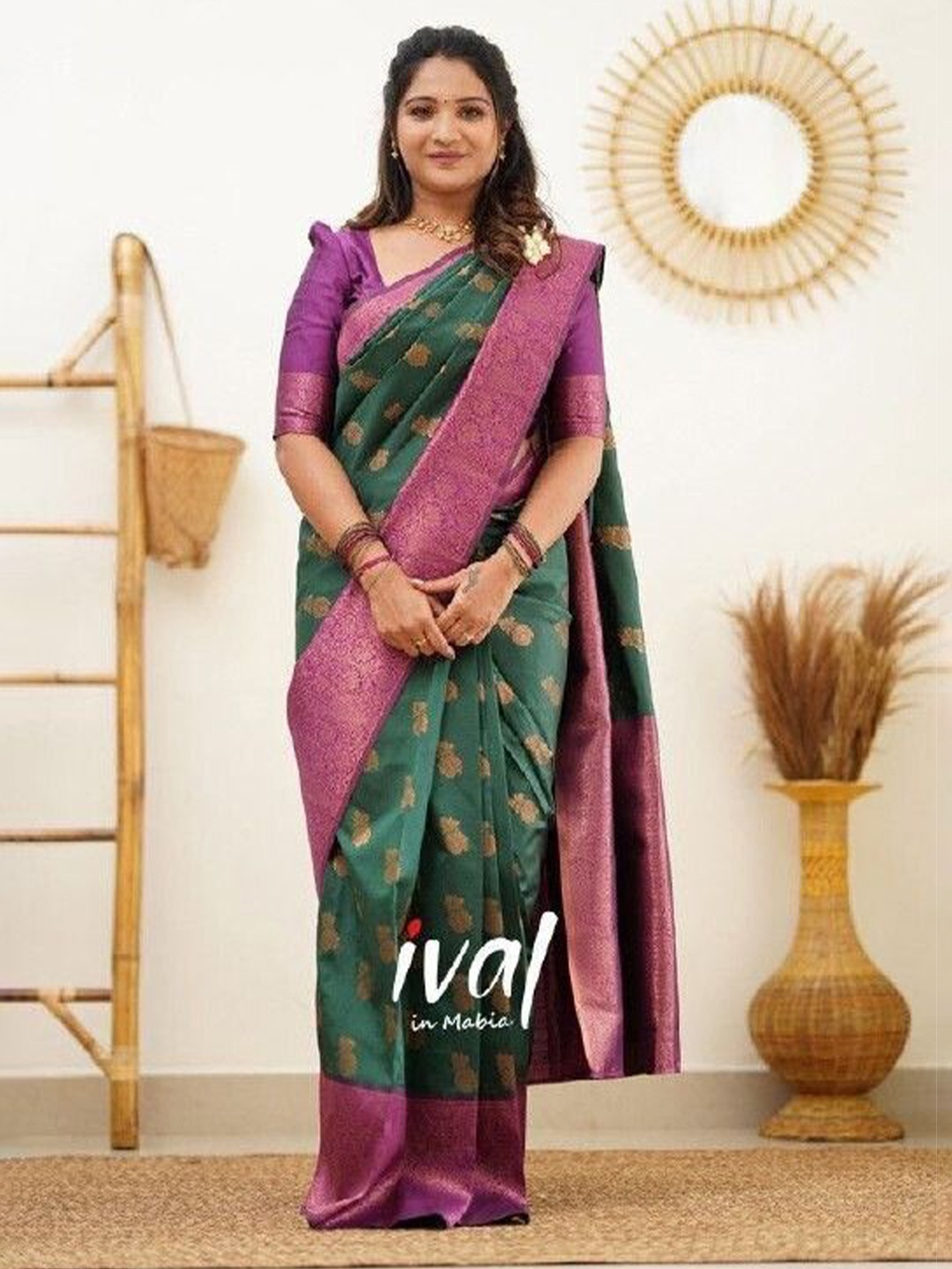 

bansari textiles Woven Design Zari Kanjeevaram Saree, Green
