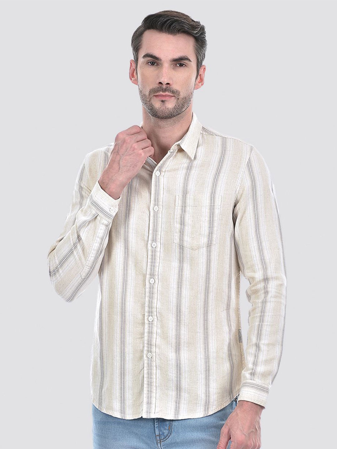 

Numero Uno Men Slim Fit Spread Collar Vertical Striped Cotton Casual Shirt, Beige