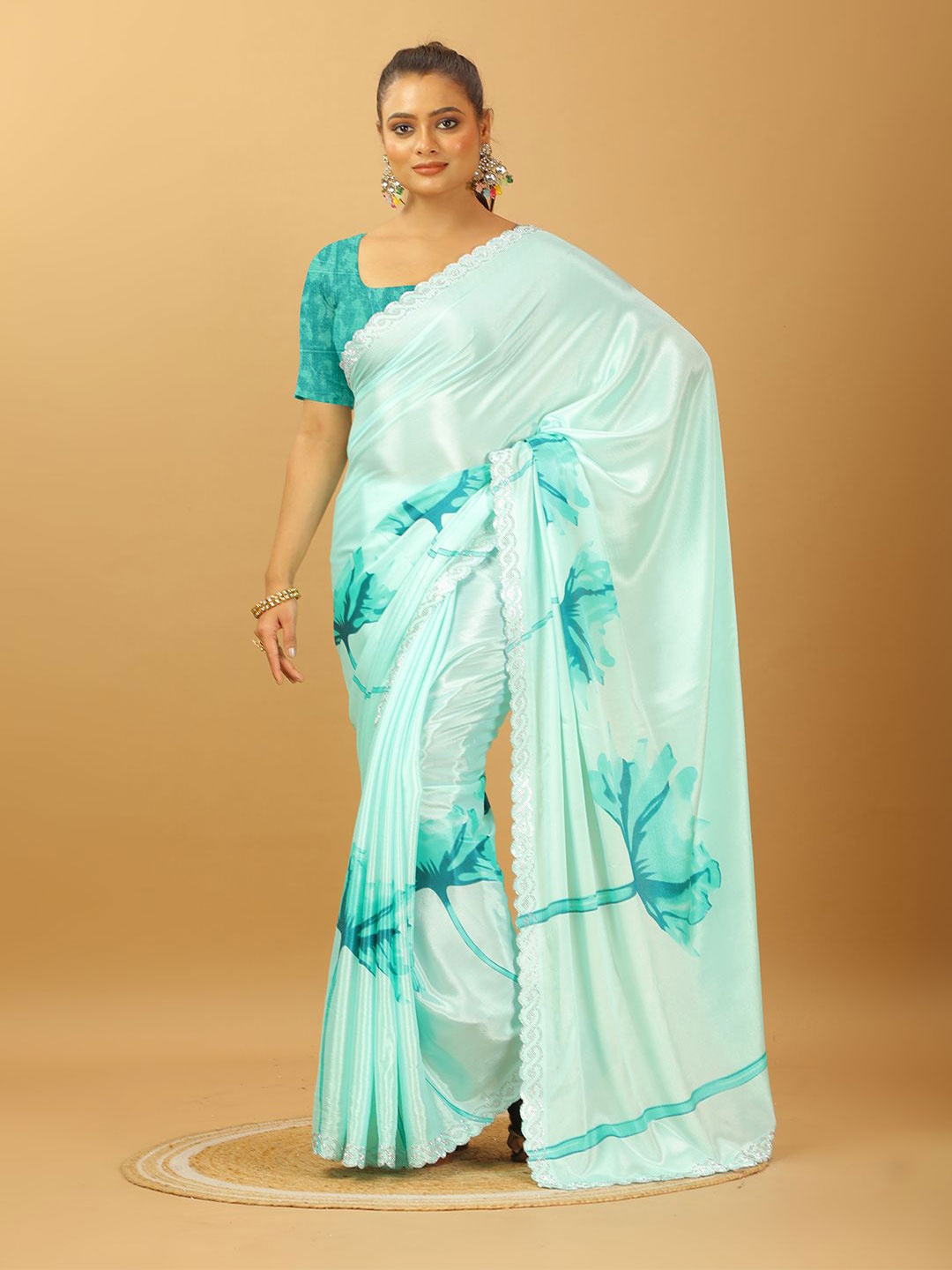 

NIRMAL CREATION Floral Beads and Stones Pure Georgette Saree, Turquoise blue