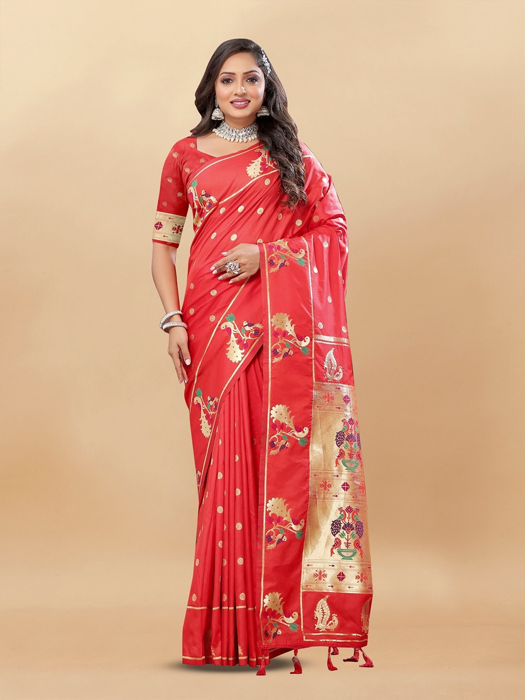 

bansari textiles Woven Design Zari Pure Cotton Paithani Saree, Red