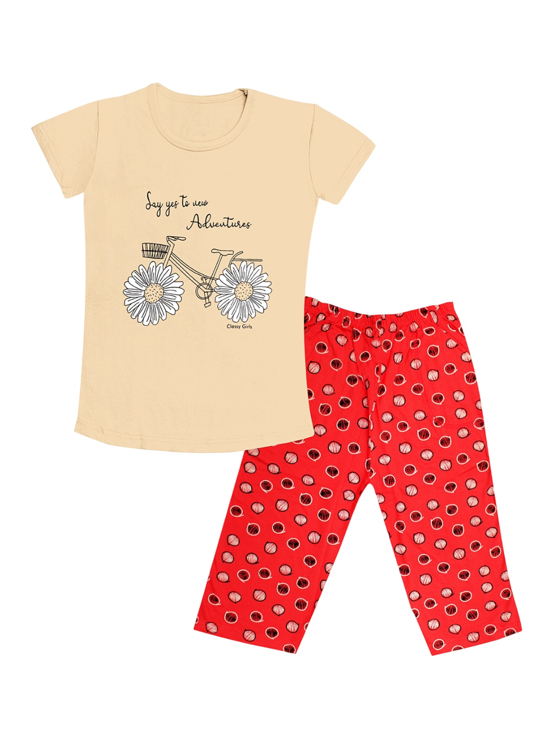 

Tee Weavers Girls Printed Pure Cotton Night suit, Beige