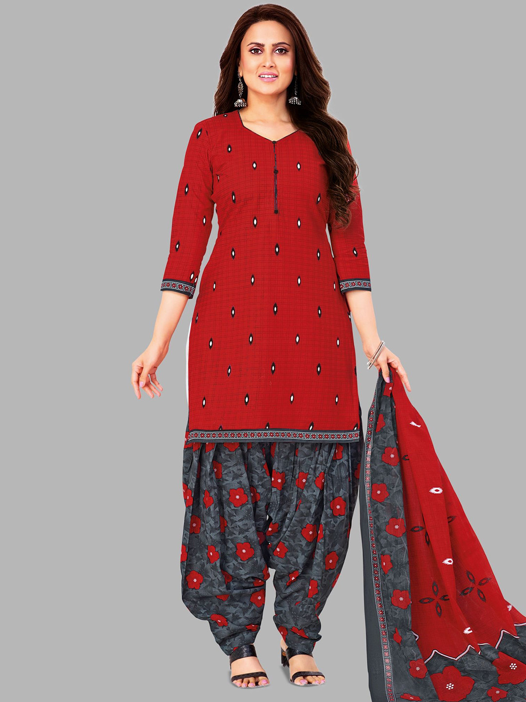 

shree jeenmata collection Floral Printed Pure Cotton Unstitched Dress Material, Red
