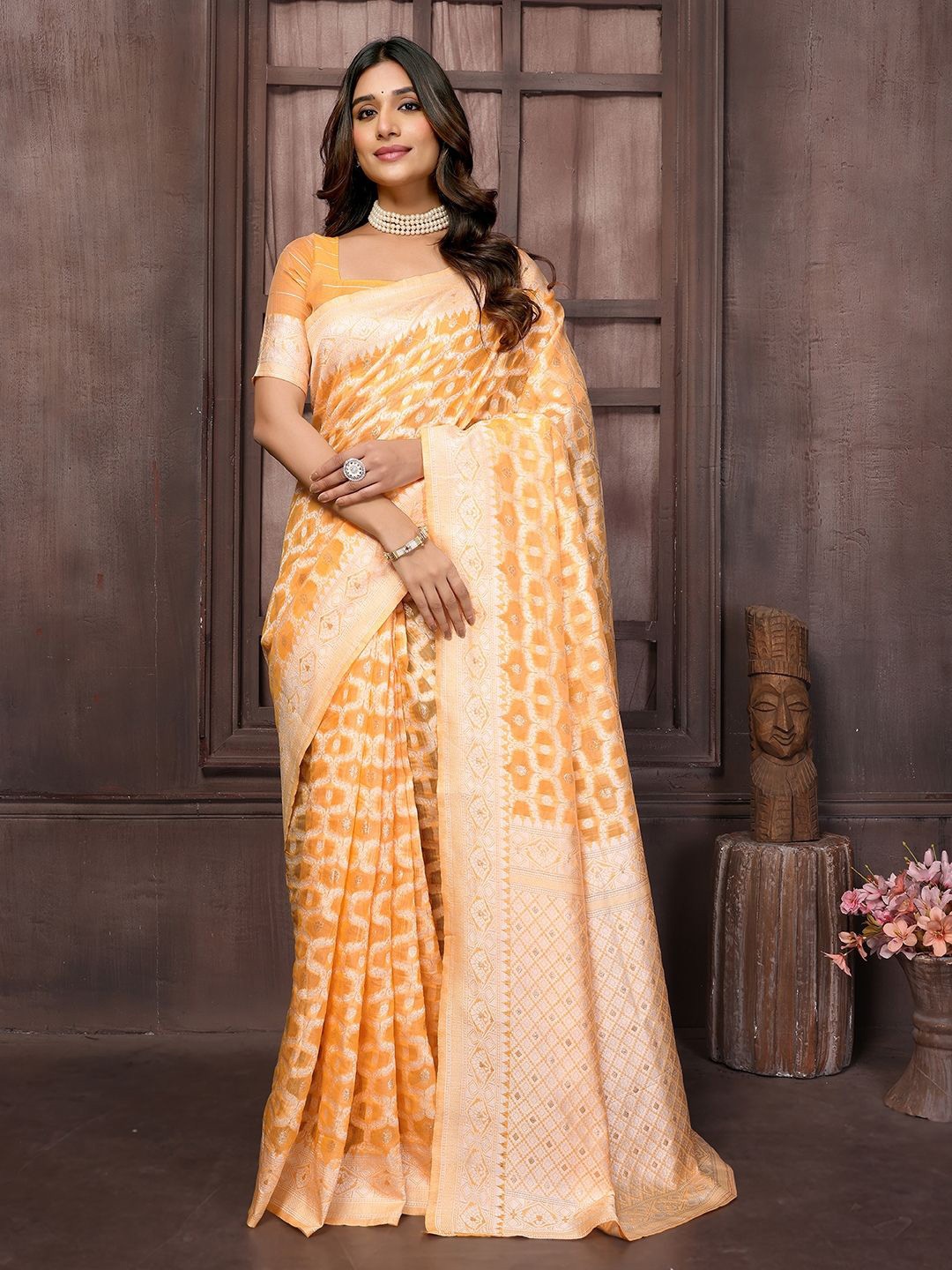 

Indeloom Woven Design Zari Silk Blend Chanderi Saree, Yellow