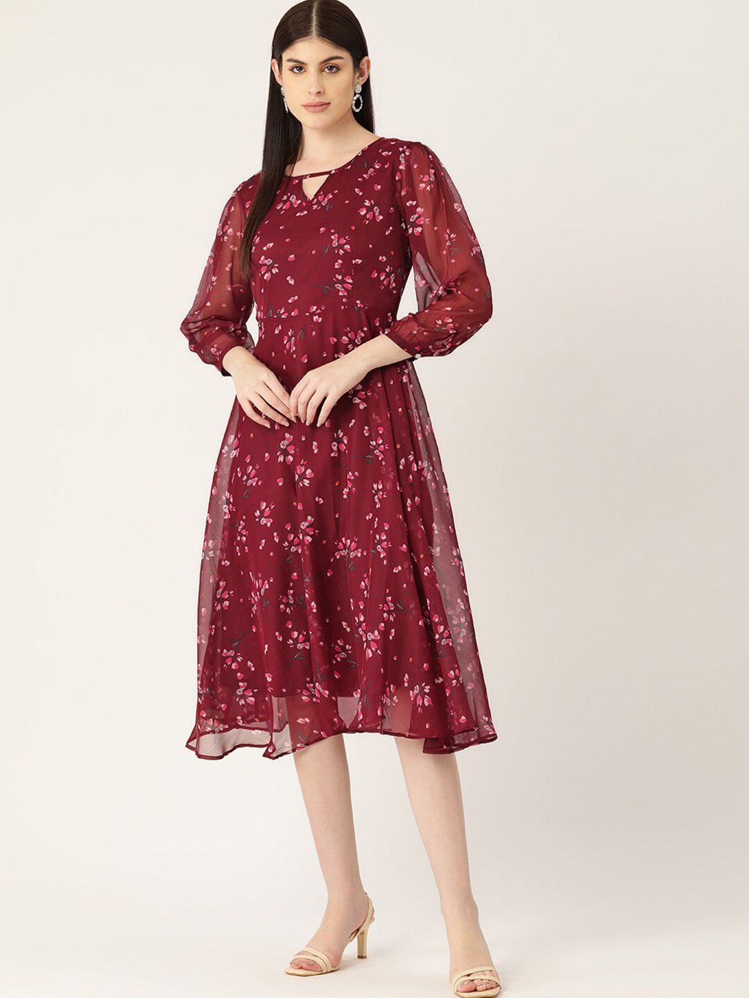 

DressBerry Floral Print Chiffon Fit & Flare Midi Dress, Maroon