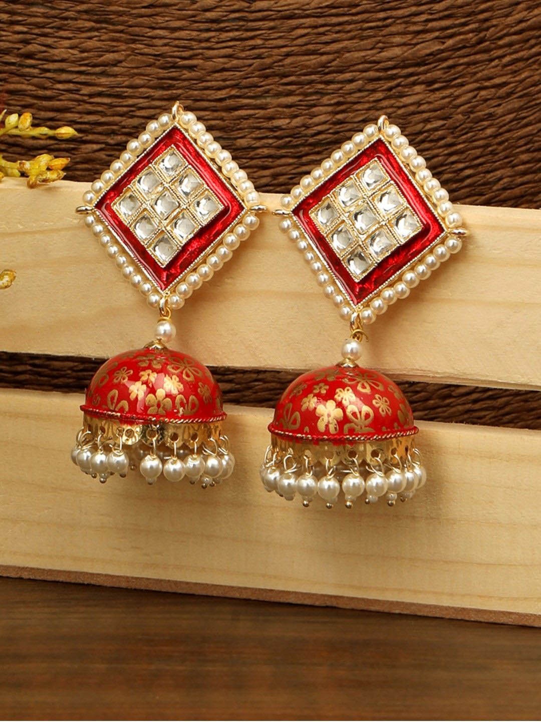 

Anouk Gold-Toned And Red Kundan Studded Dome Shaped Jhumkas