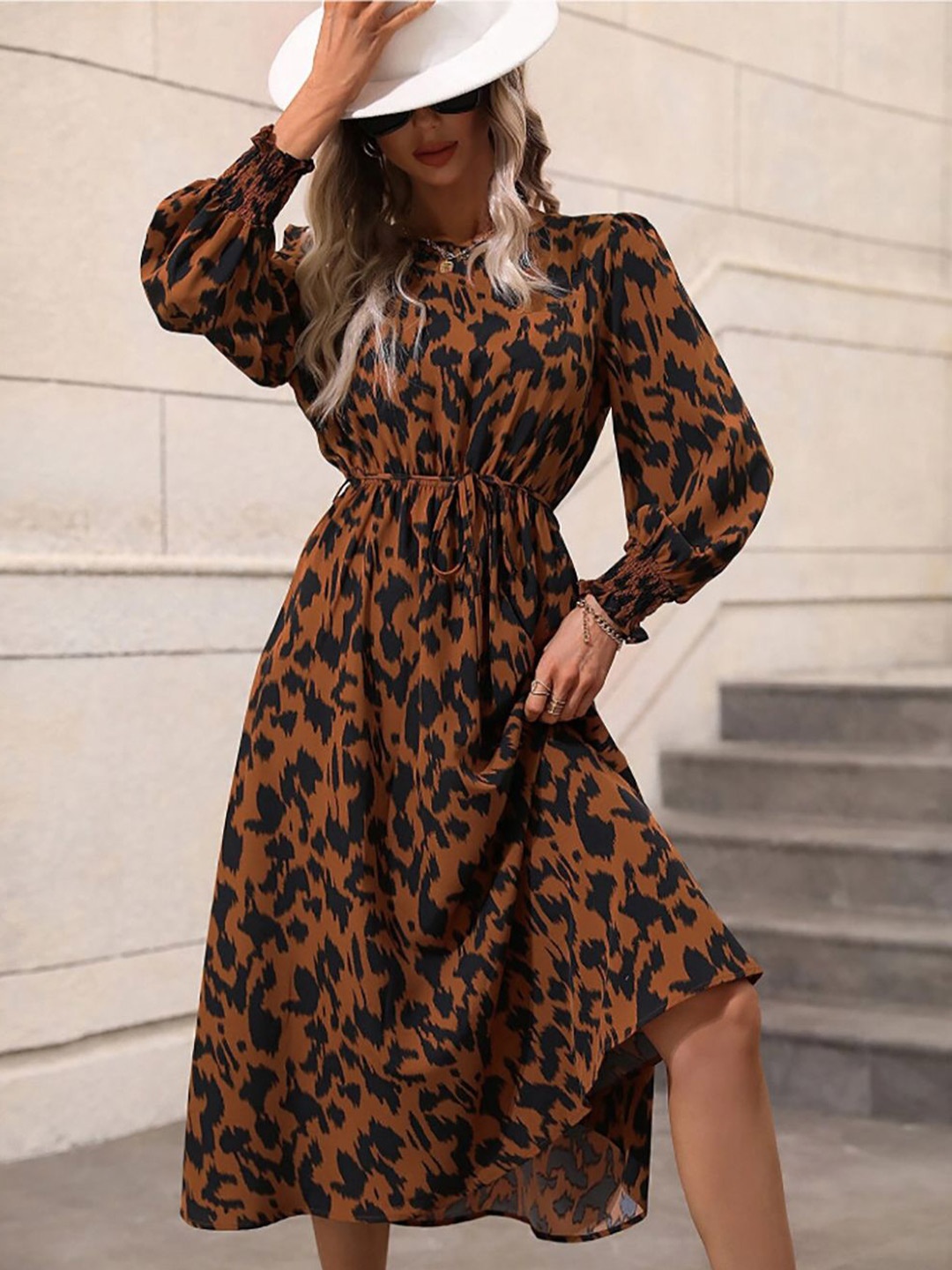 

StyleCast x Revolte Women Printed Fit and Flare Midi Dress, Coffee brown