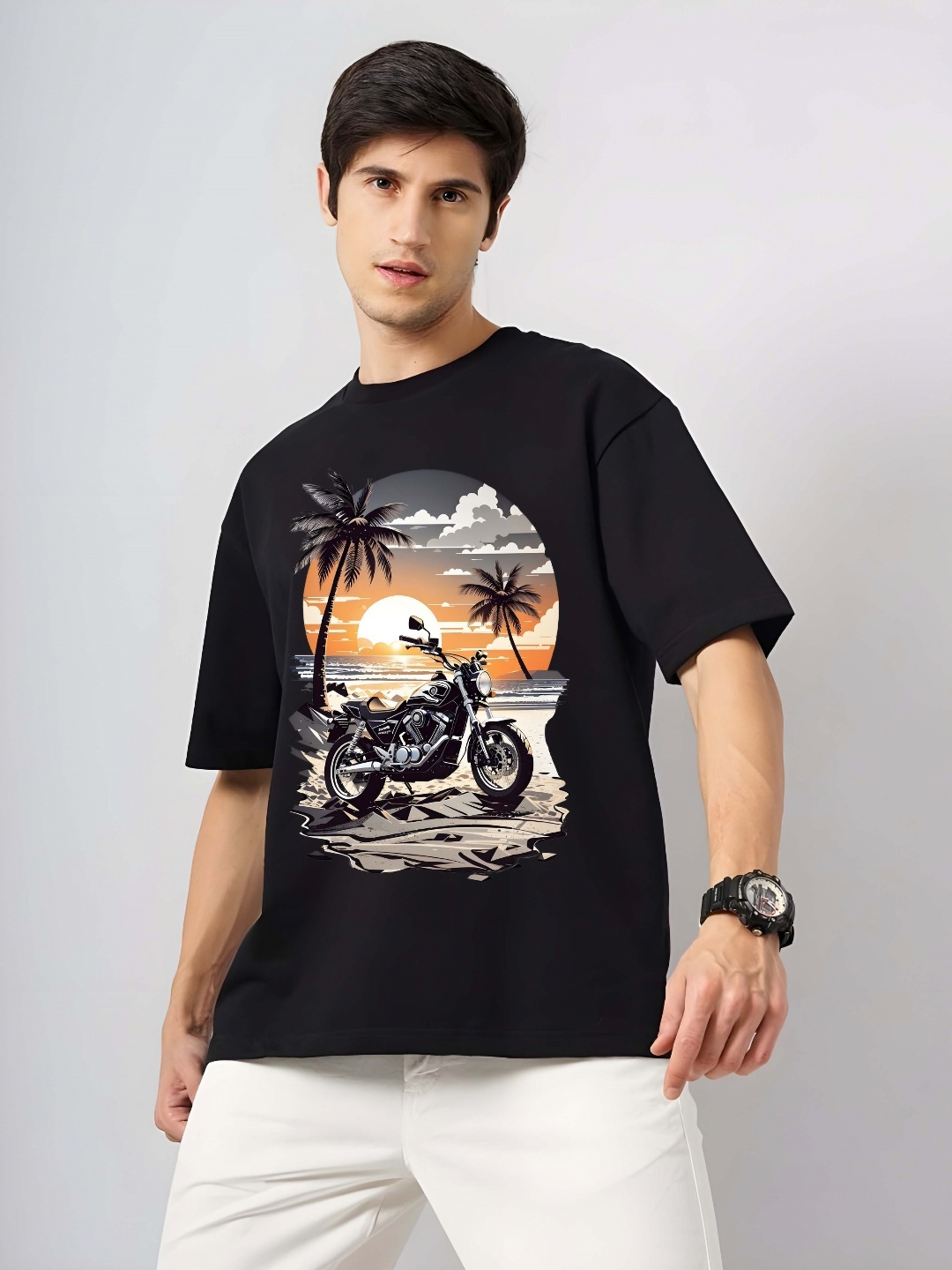 

BOWLIFESTYLE Men Graphic Printed Round Neck Cotton Oversized T-shirt, Black