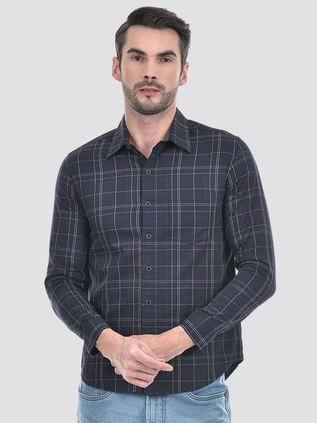 

Numero Uno Men Slim Fit Spread Collar Checked Cotton Casual Shirt, Navy blue