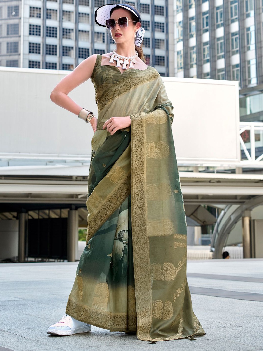 

Mitera Woven Design Digital Printed Zari Saree, Green