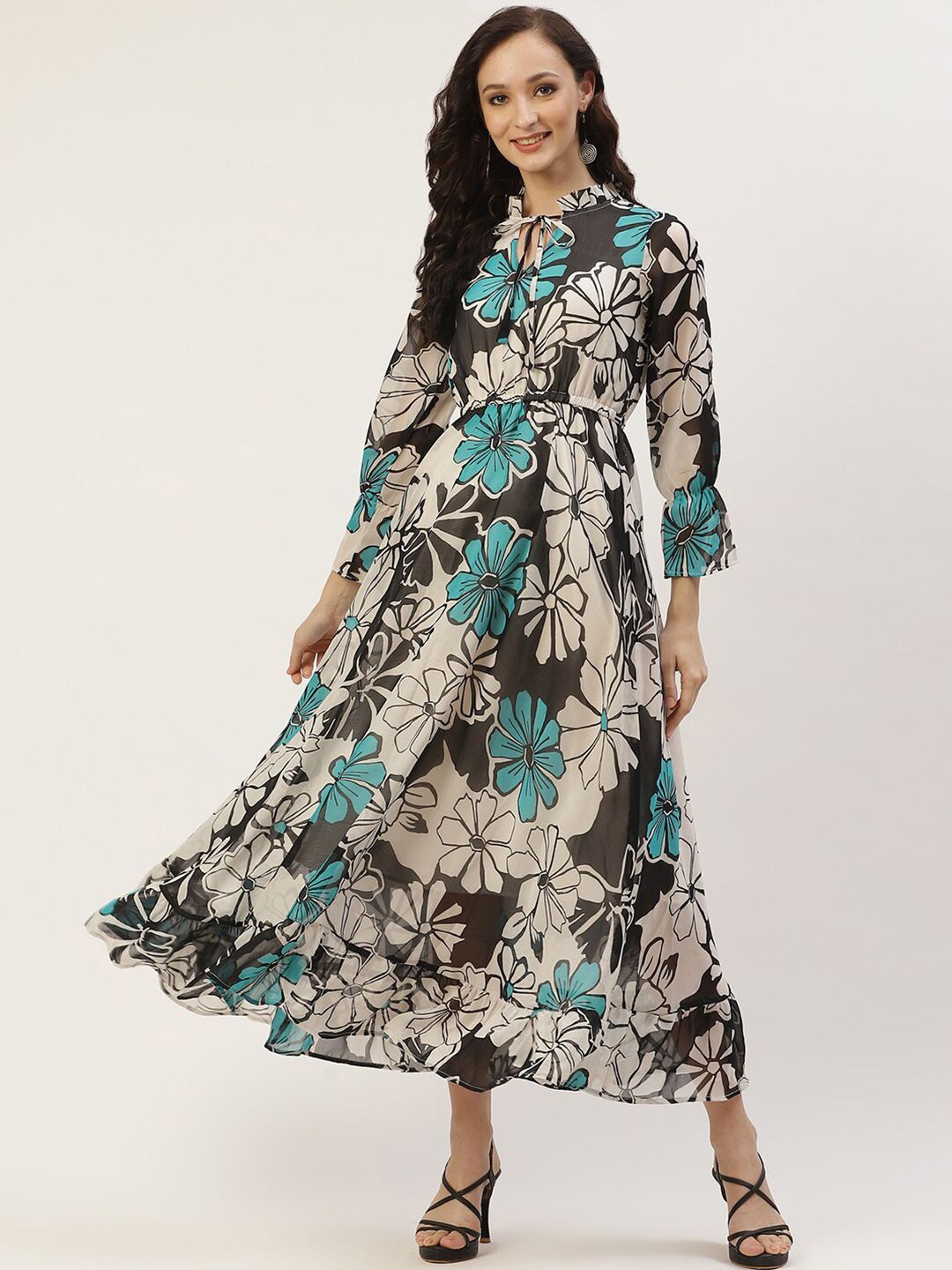 

DressBerry Floral Print Tie-Up Neck Georgette Fit & Flare Maxi Dress, Black