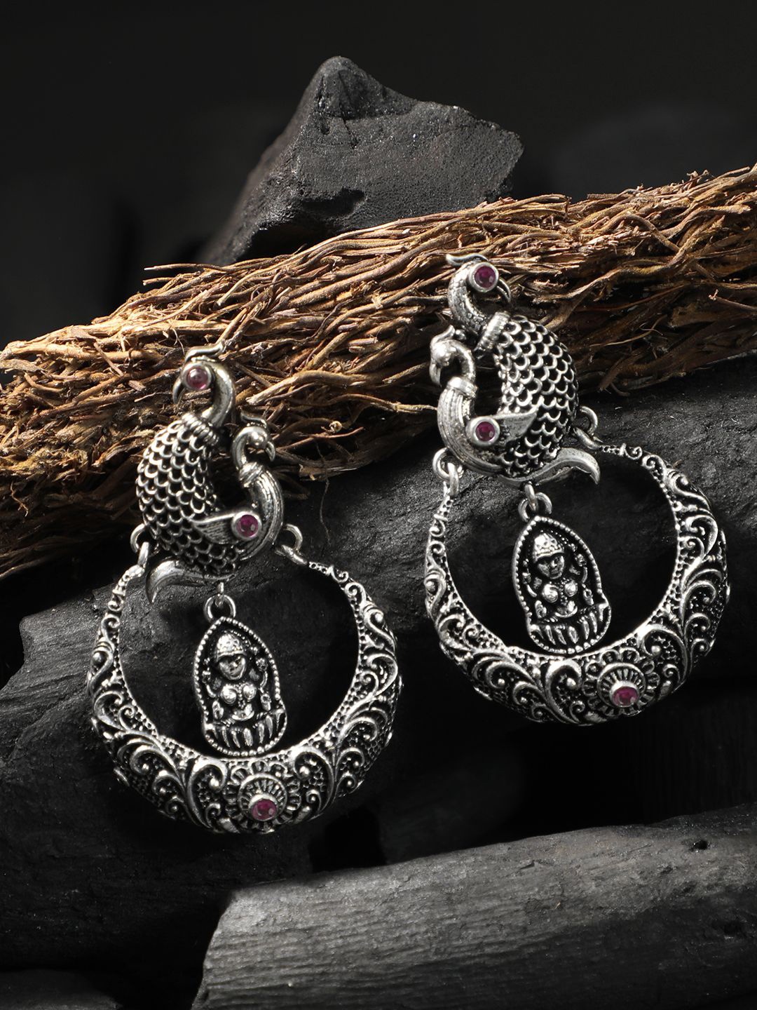 

Sangria Pink Silver-Plated Artificial Stones Studded Peacock Shaped Oxidised Drop Earrings