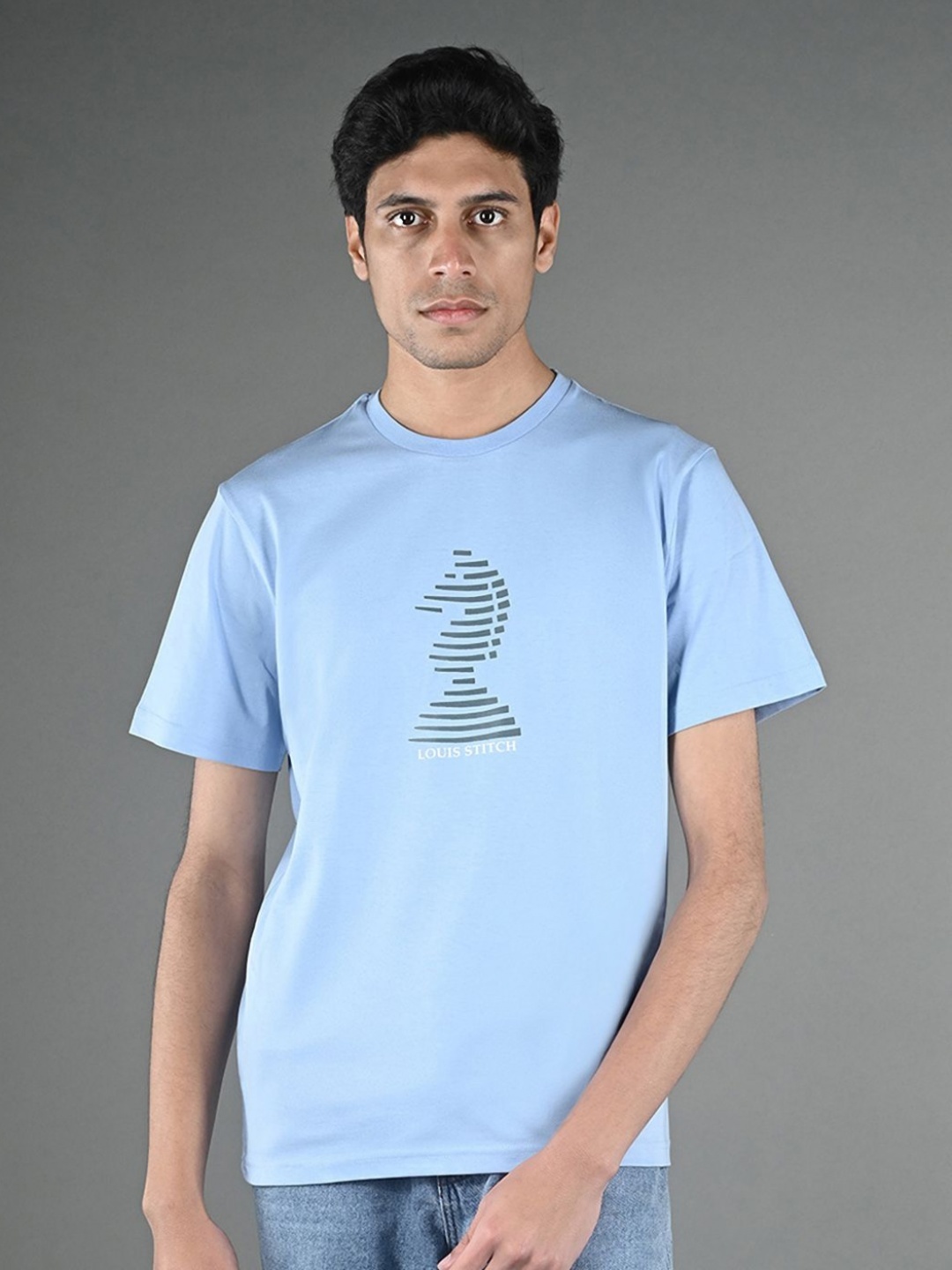 

LOUIS STITCH Men Graphic Printed Round Neck Cotton T-shirt, Blue