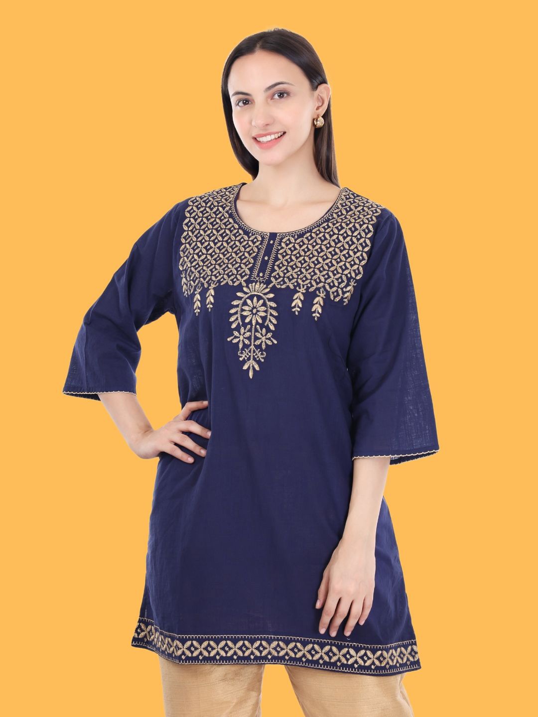 

Moda Rapido Women Floral Flared Sleeves Thread Work Pure Cotton Thread Work Kurti, Blue