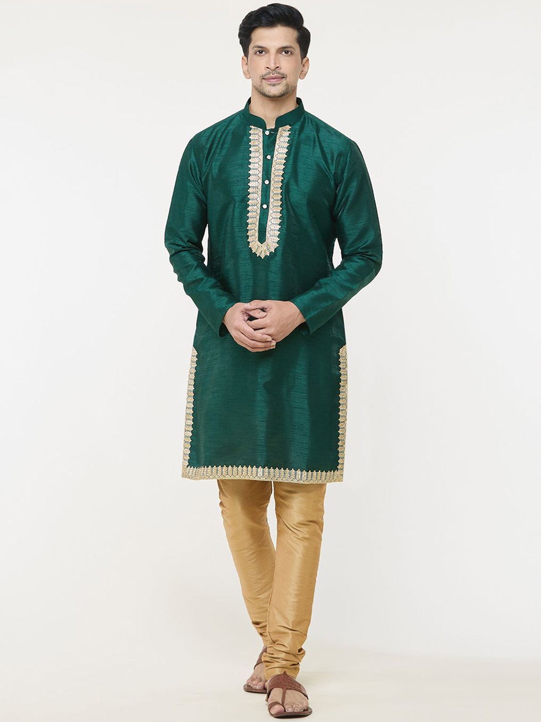 

Arihant Rai Sinha Floral Yoke Embroidered Mandarin Collar Kurta With Churidar, Green