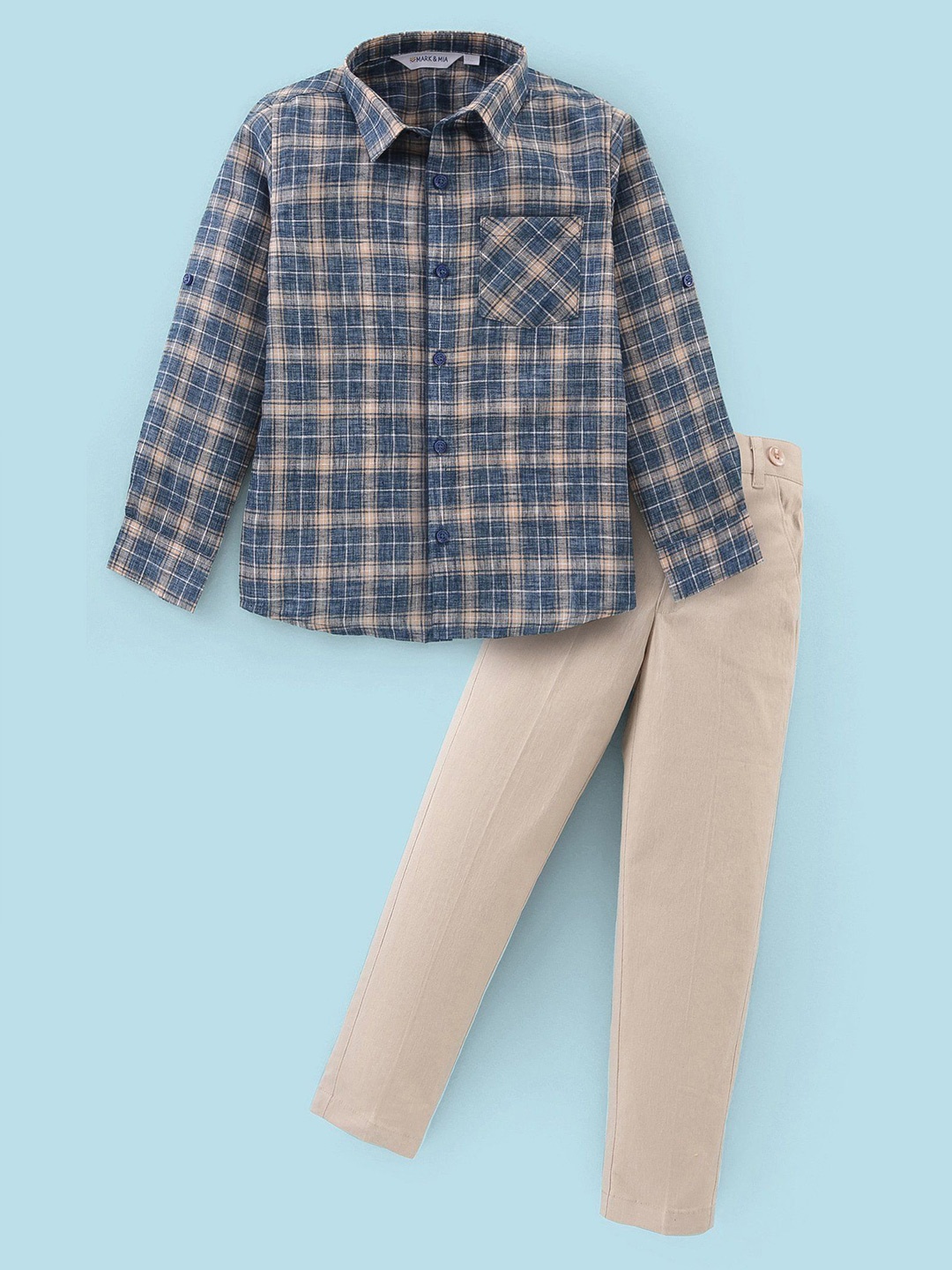 

Mark & Mia Boys Checked Long Sleeves Shirt With Trousers, Blue