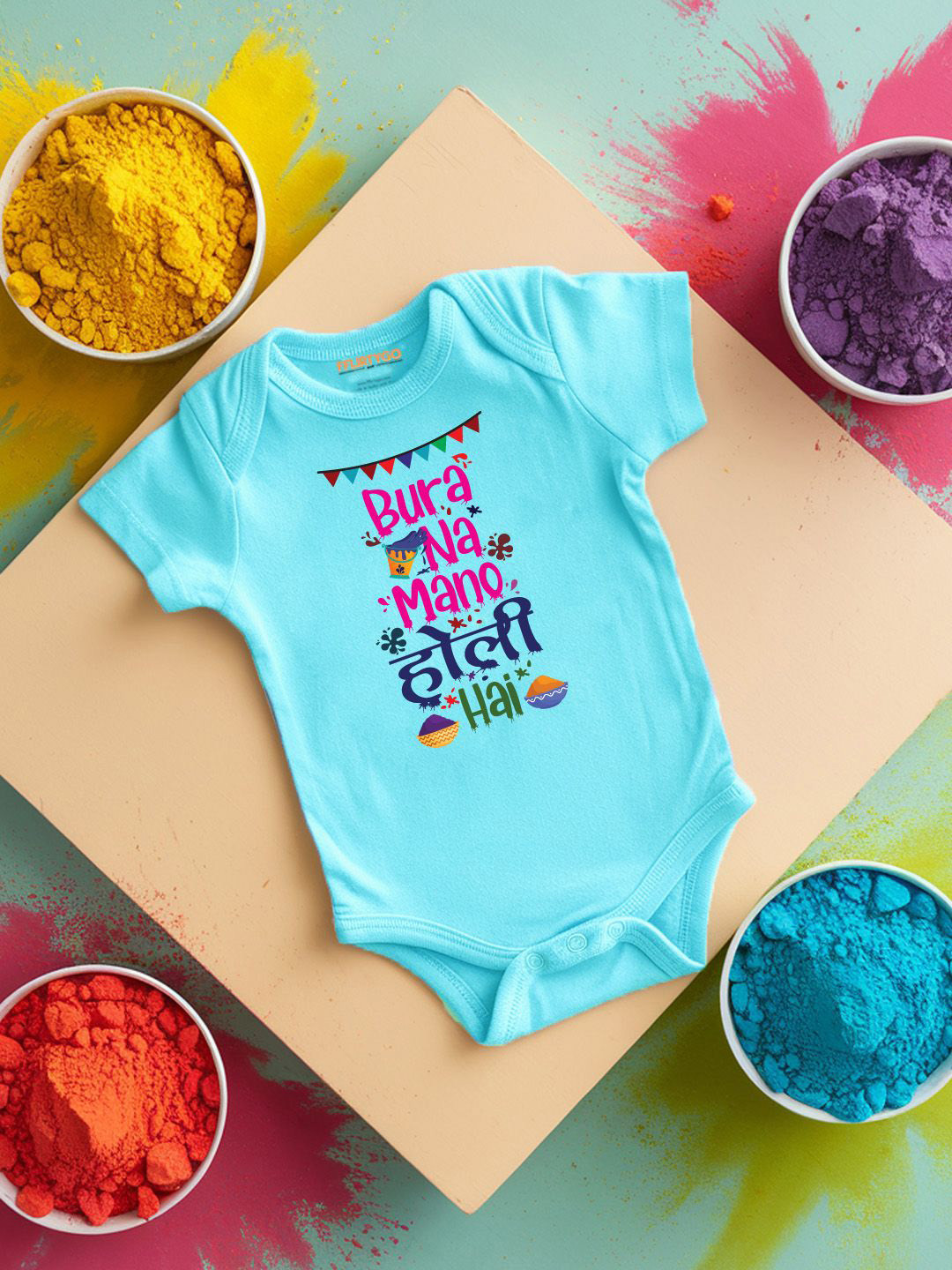 

FFLIRTYGO Infants Holi Printed Cotton Bodysuit, Turquoise blue