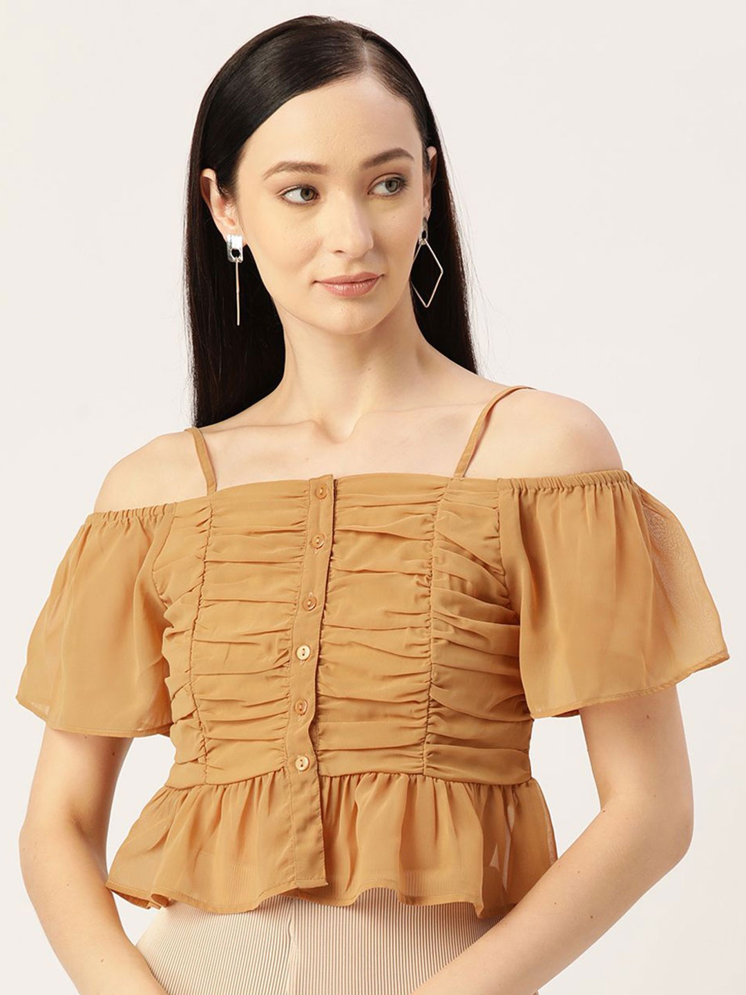 

Moda Rapido Women Flutter Sleeve Bardot Crop Top, Beige