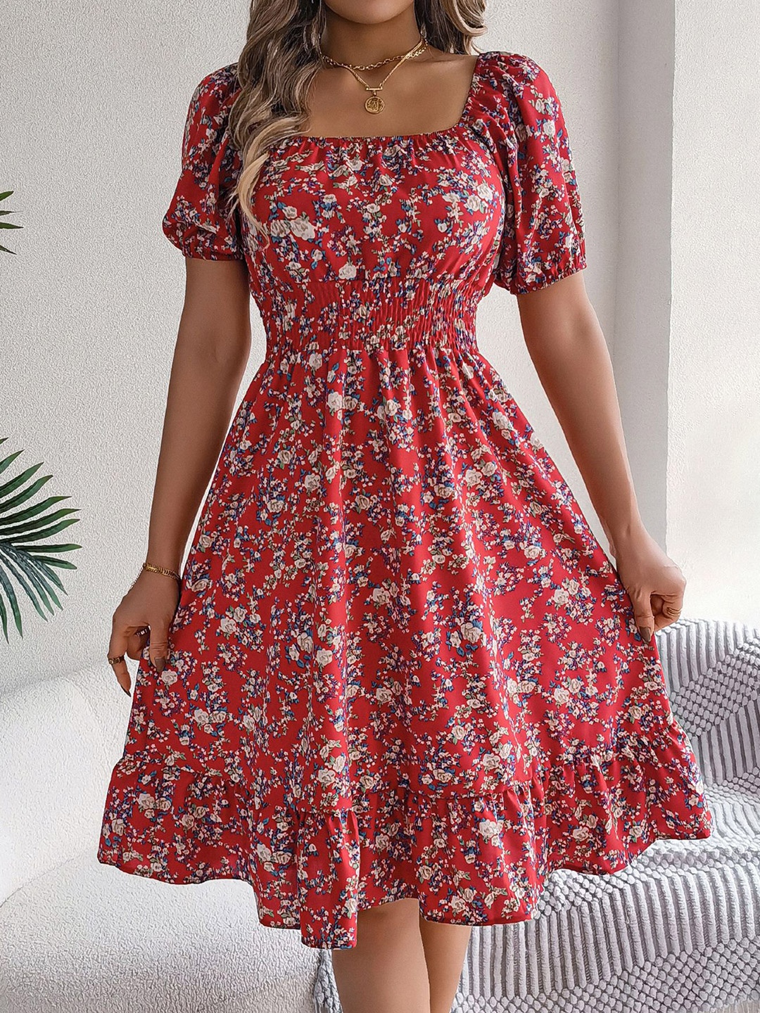 

StyleCast x Revolte Women Floral Printed Off-Shoulder Fit and Flare Midi Dress, Red