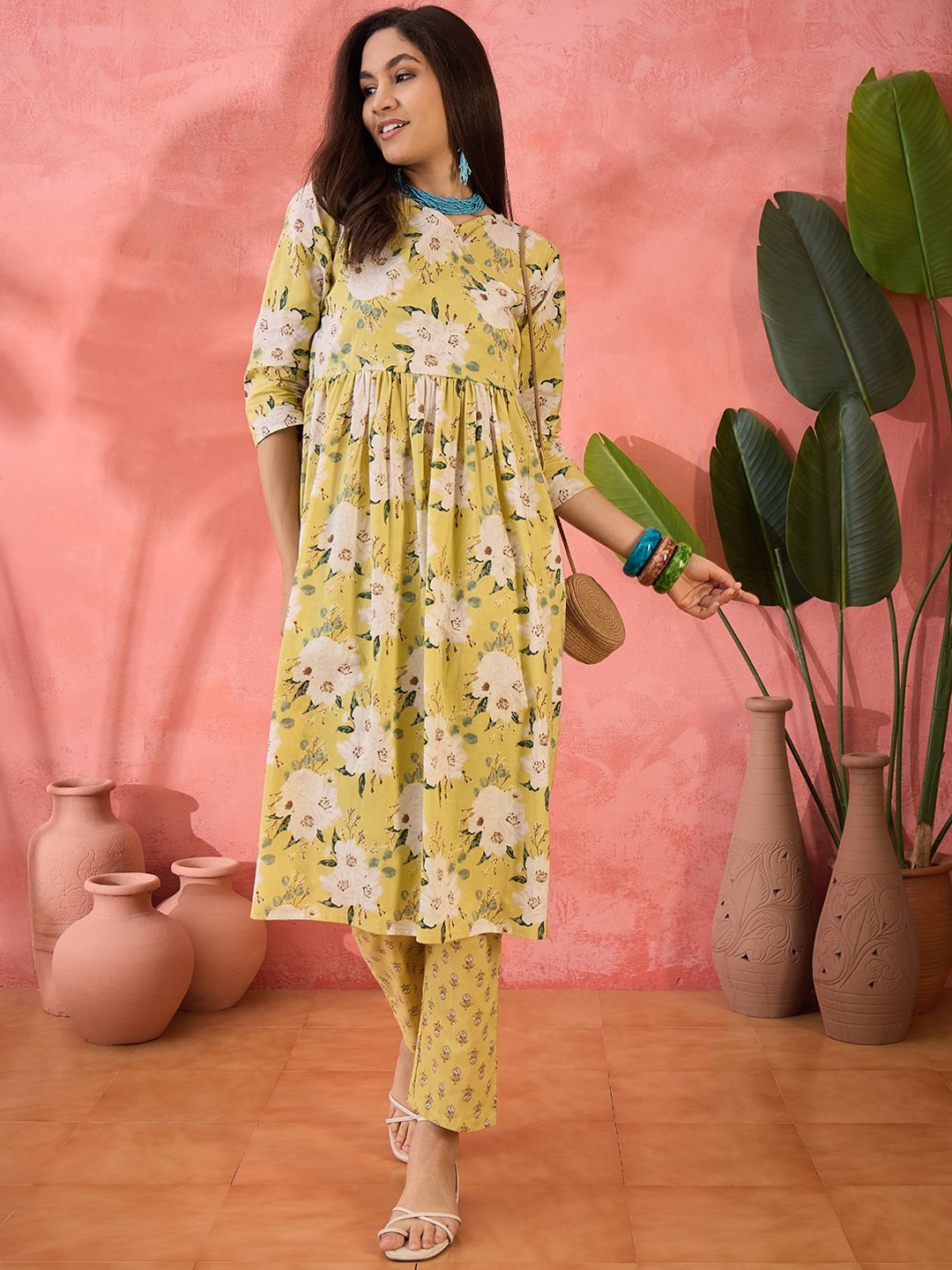 

Sangria Yellow Floral V-Neck Pure Cotton Angrakha Anarkali Kurta With Trouser