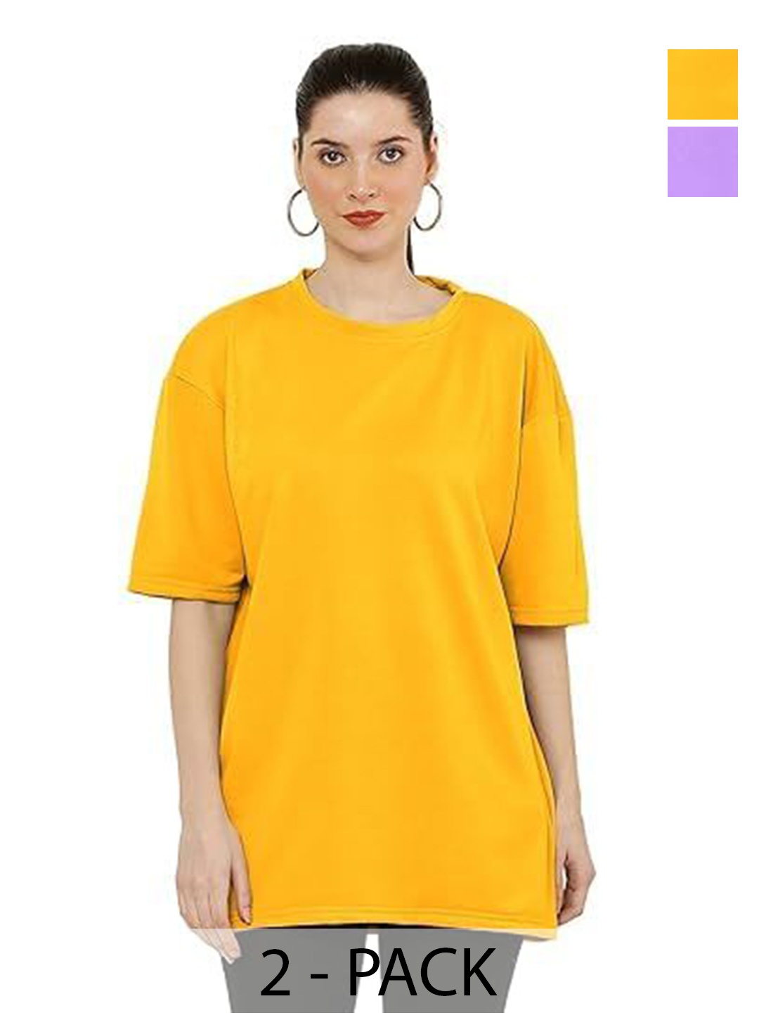 

NOTWILD Women Pack Of 2 Solid Round Neck Cotton Oversized T-shirts, Lavender