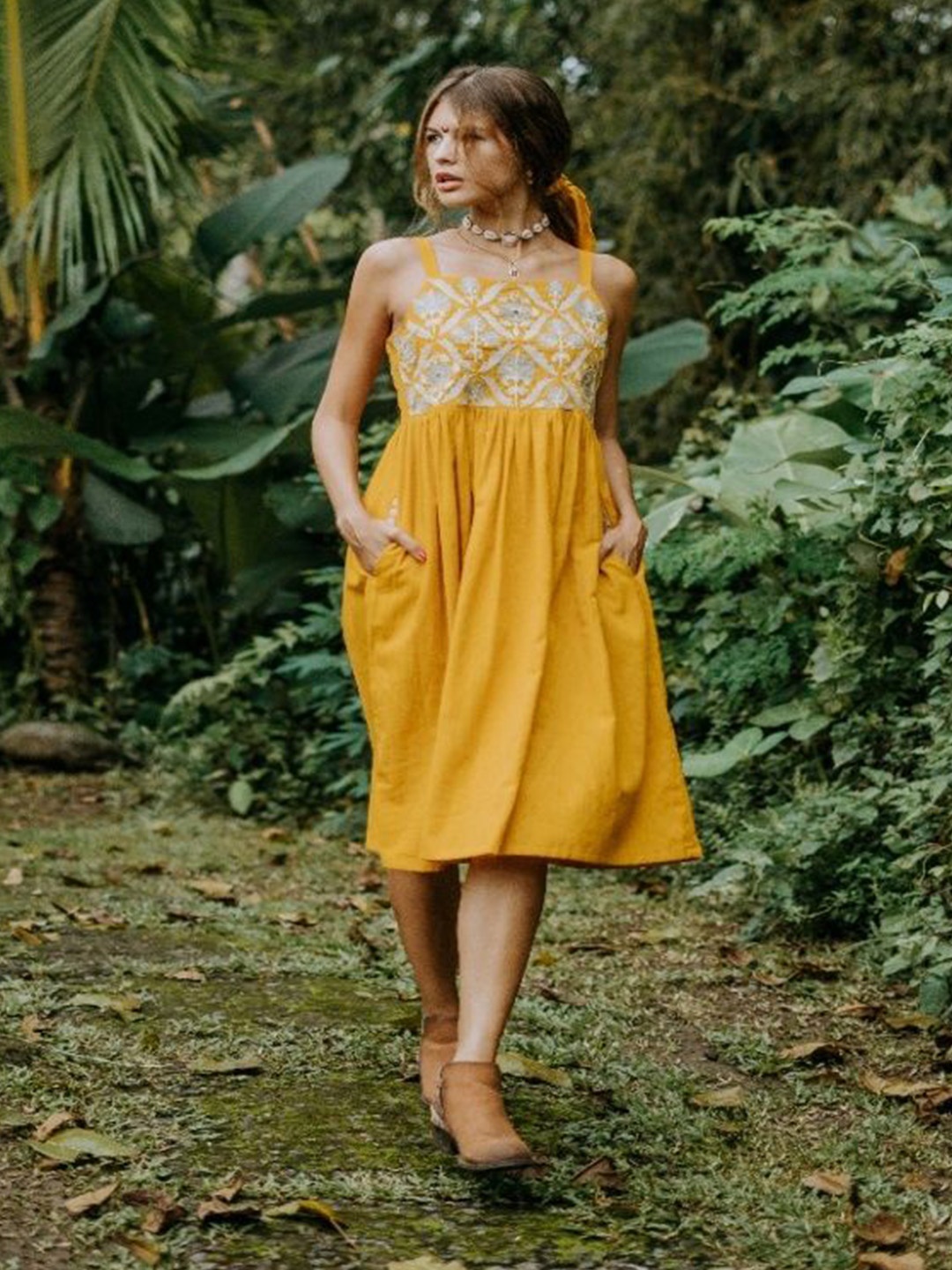 

LABEL SUGAR Women Ethnic Motifs Embroidered Organic Cotton Fit and Flare Midi Dress, Mustard