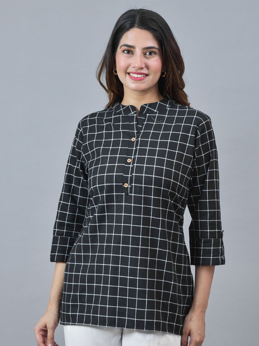 

Suha Checked Mandarin Collar Cotton Shirt Style Top, Black