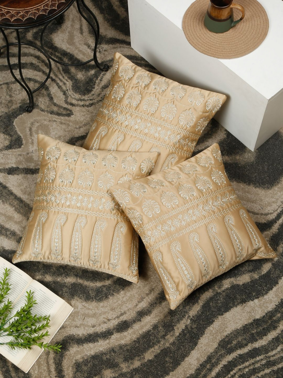 

SOKNACK Beige & Silver-Toned 3 Pieces Ethnic Motifs Embroidered Square Cushion Covers